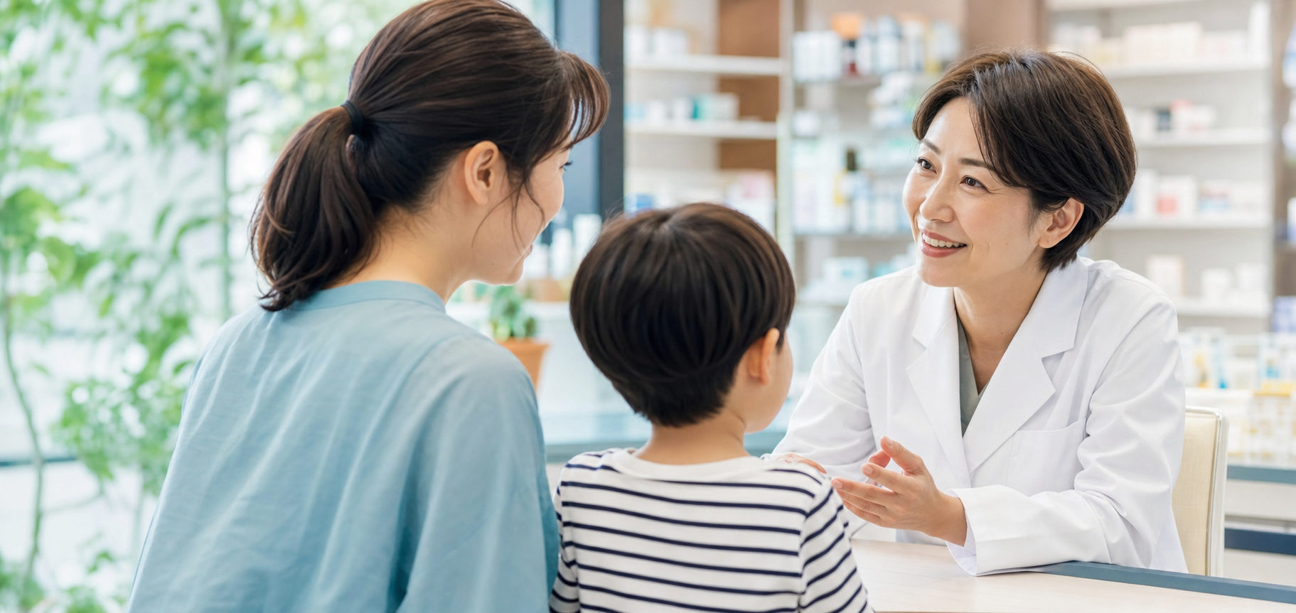 薬剤師が家族の健康相談に応じる様子